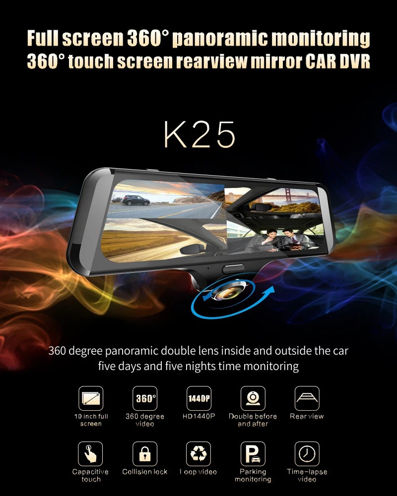 Автомобильная камера Conkim, 10 дюймов, ips, lcd, сенсорный экран, видеорегистратор, 360 градусов, панорама, HD, рыбий глаз, объектив, полный экран, потоковый медиа-рекордер