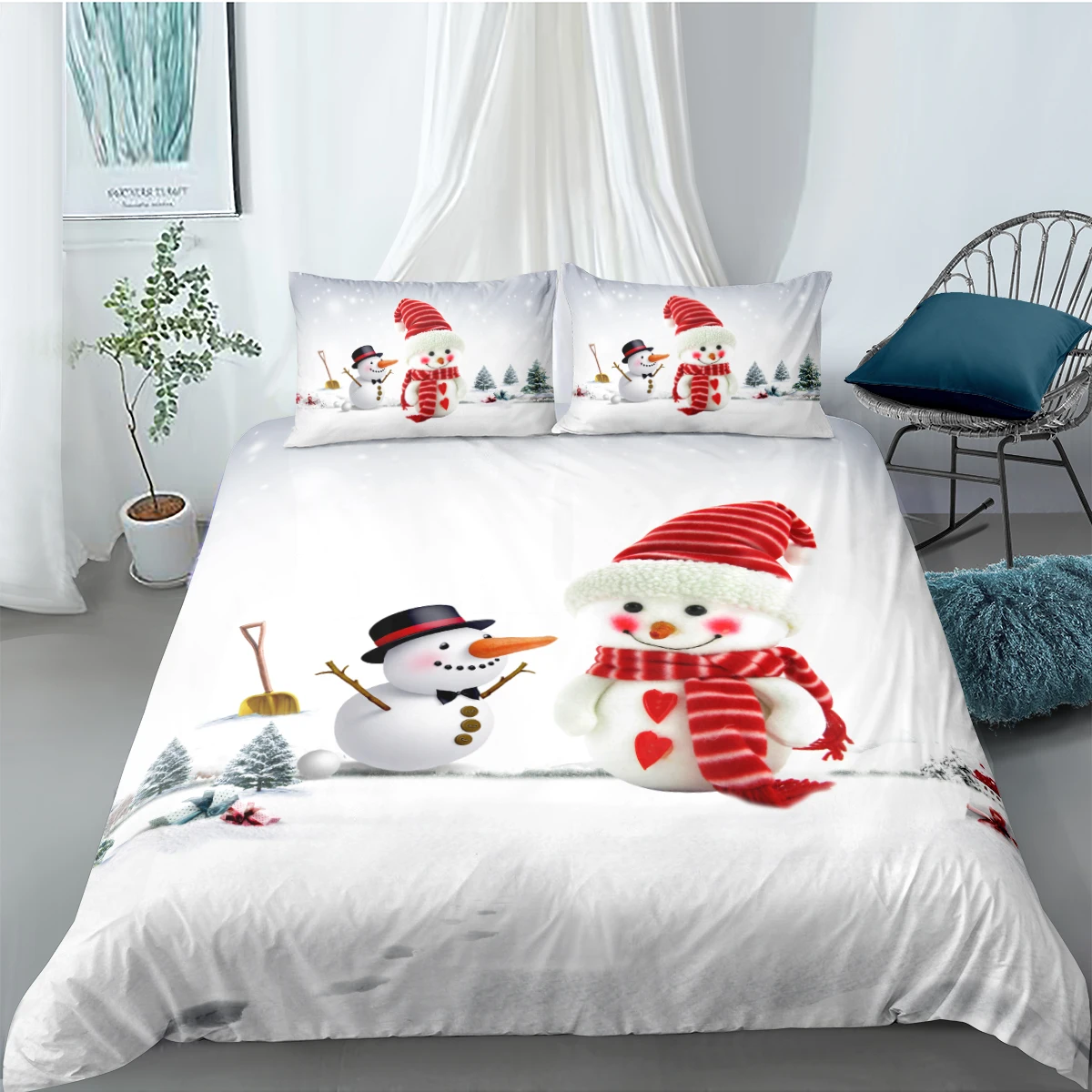 

Christmas Comforter Covers 3D White Quilt Cover Set Pillow Sham Full Double Single Queen Size 140*200cm Snowman Bedding Set