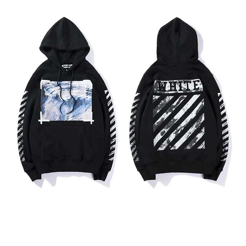 

19SS OFF-WHITE OW men wave black white strip zebra line autumn winter couple models loose hooded jacket hoodies Sweatshirt