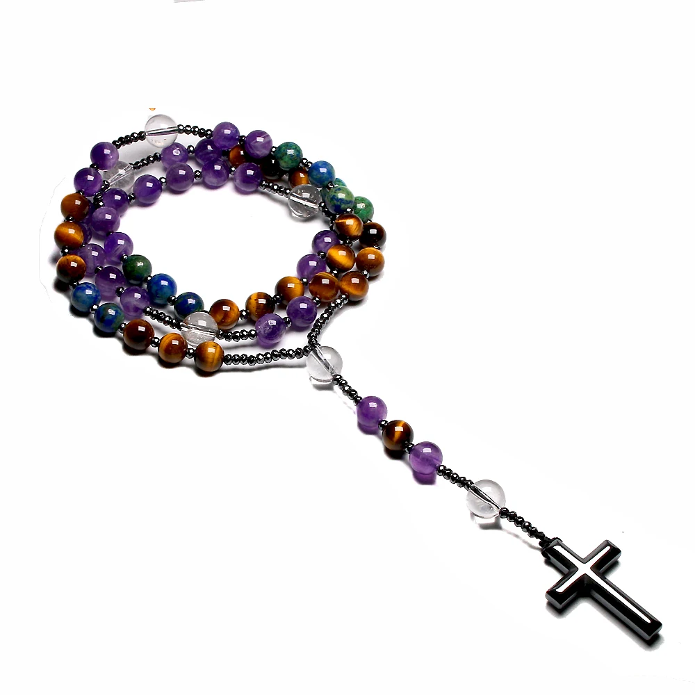 Natural Amethyst Catholic Christ Rosary Necklaces For Women Men Tiger Eye Hematite Cross Pendant Meditation Mala Jewelry