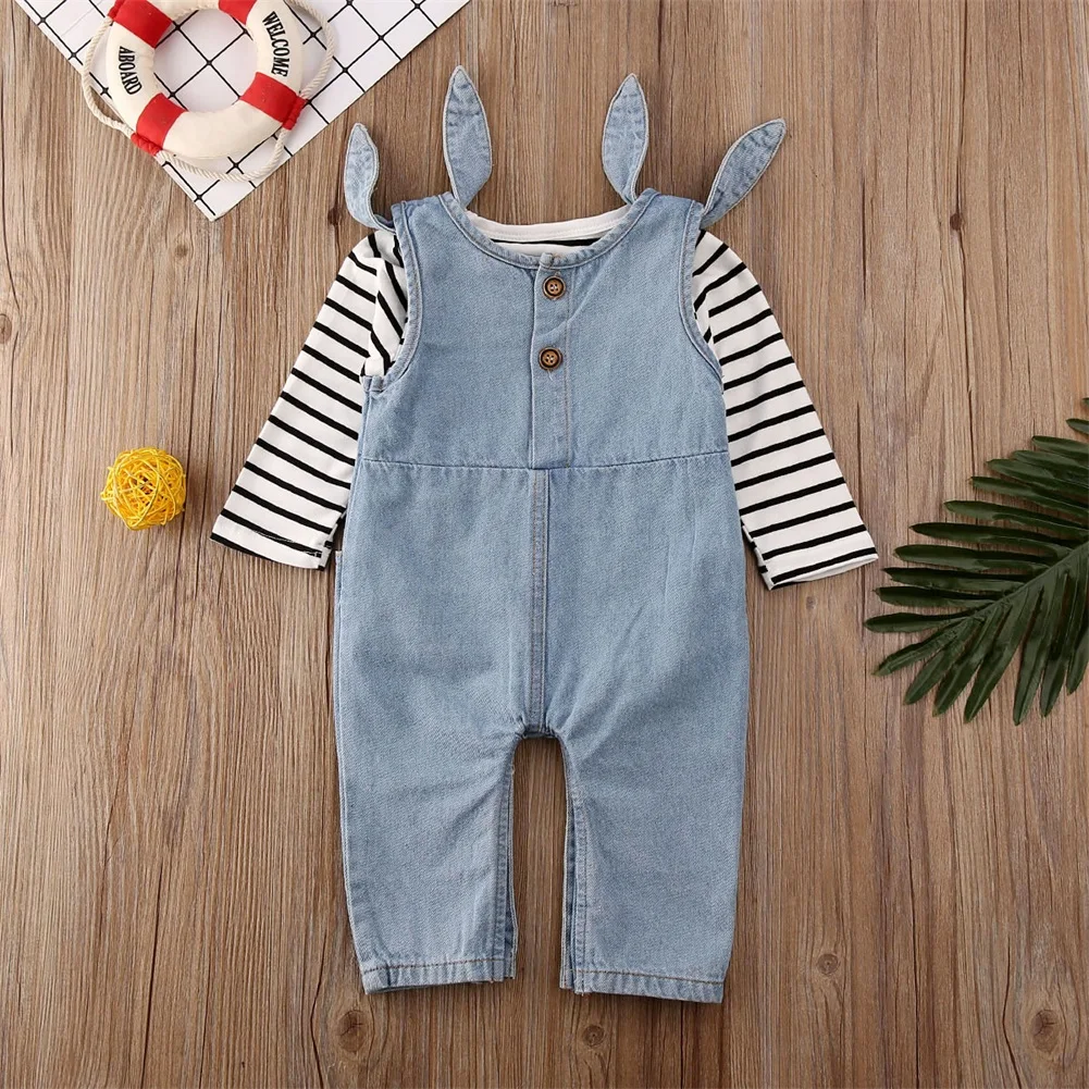 Г., весенне-осенняя одежда для малышей Одежда для новорожденных, маленьких мальчиков и девочек хлопковые топы в полоску, джинсовый комбинезон, комплект одежды на возраст от 0 до 18 месяцев
