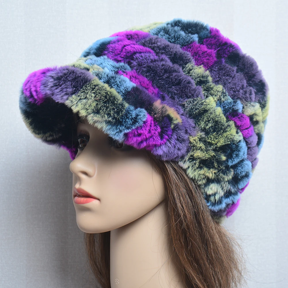 Fashion Lady Real Rex Rabbit Fur Hat Snow Cap Winter Hats for Women Girls Real Fur Knitting Skullies Beanies Natural Fluffy Hat 3