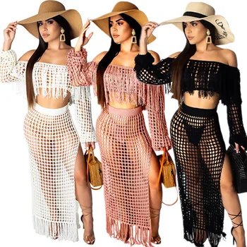 

Saida De Praia Summer Beach Woman Dress 2019 Bathing Outings Bikini Cover Up Women Sexy Knitted Skirt Set Solid Acetate Sierra