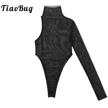 

TiaoBug Hot Sexy Women High Neck Single Sleeve High Cut See Through Sheer Mesh Thong Leotard Bodystockings Bodysuit Cover-ups