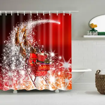 

Red Christmas Series Shower Curtain Galaxy Sleigh Bath Accessories with 12 Hooks Waterproof Fabric Bathroom Xmas Decoration