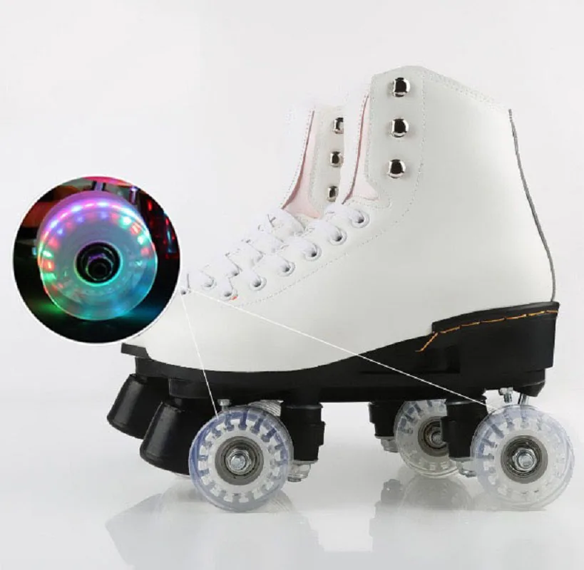 

White oxhide leather shoelace enclosure retro martin boots glowing flash wheel quad roller skate shoes
