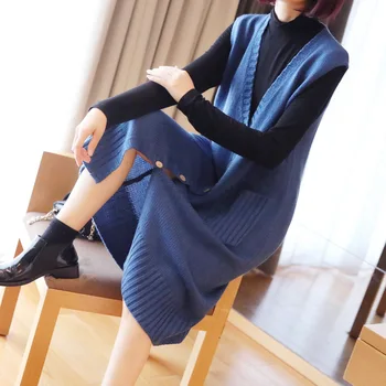 

Fall Winter Sleeveless Vest Sweater Coat 2019 Korea Azul Color Medium Long