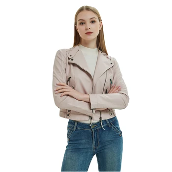 

Cute Blush Cropped Faux Leather Biker Jacket for Women Black White Slim Fit Slant Zipper Petite PU Leather Moto Jacket