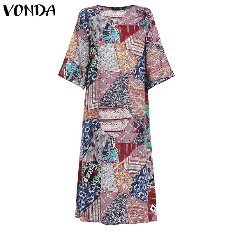 VONDA, женское платье с принтом, повседневное, 3/4, с расклешенными рукавами, с рюшами, вечерние, макси, длинное платье, богемный сарафан размера плюс, Vestidos Femininas 5XL
