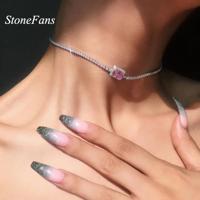 StoneFans розовый кристалл ювелирные украшения на шею ожерелье для женщин Рождественский подарок горный хрусталь простое ожерелье с цепочкой чокер для девочек