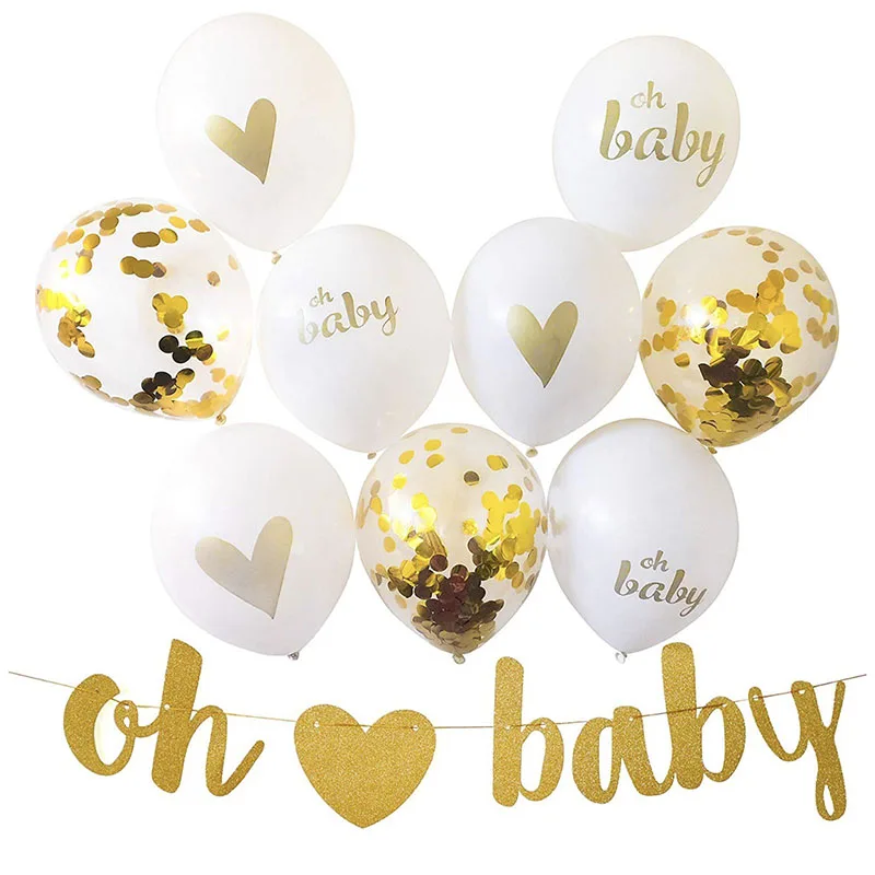 

12 Inch Gold White Confetti Balloons Oh Baby Banner Balloons Party Decoration Balloons Inscription Gold Sequin Balloon Creative