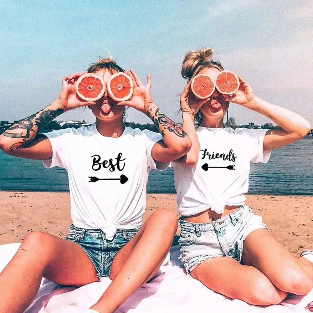 1 Best Friend Arrow Print Women's White T-shirt Tumblr Tees New Summer BFF Top Sisters Round Neck Aesthetics Harajuku | Женская