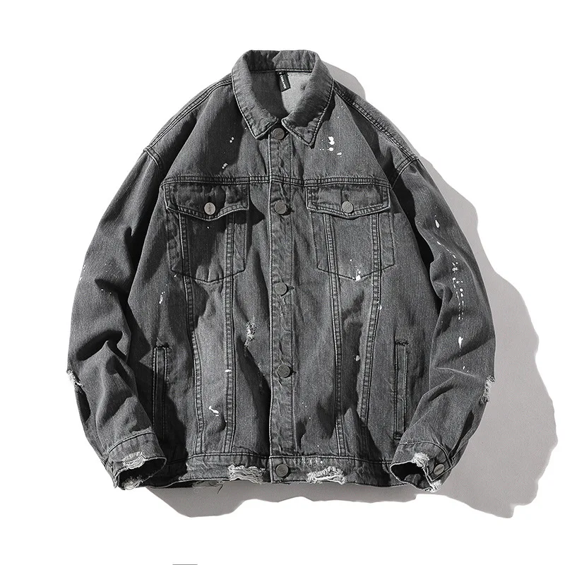 

Tang Mu Cool Autumn Men'S Wear with Holes Casual Denim Jacket Japanese-style Retro Washing Retro Loose-Fit Turn-down Collar Coat
