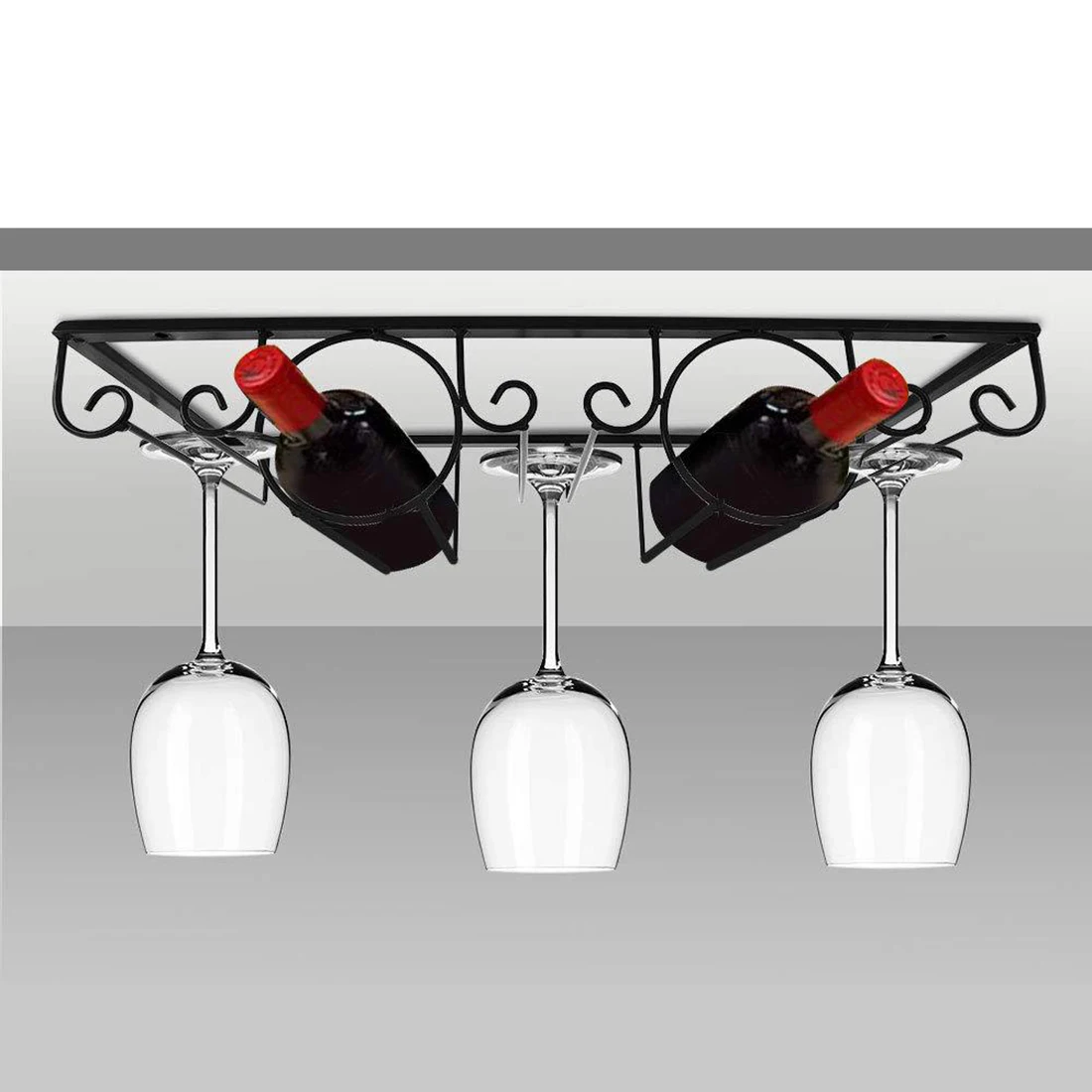

Under Cabinet Stemware Holder Iron Wine Storage Rack Hanging Stemware Rack Wine Cup Shelf Home Kitchen Decor- 2 Bottles 3 Rows