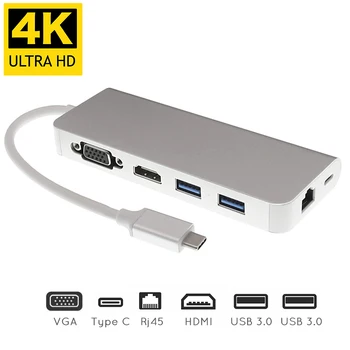 

USB Type C to HDMI VGA Gigabit Ethernet Lan RJ45 Adapter for Macbook Air / Pro USBC PD Charging Hub 6 in 1 Type-C Extender Dock