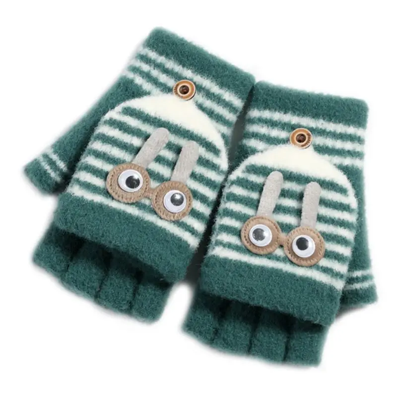 Зимние плюшевые перчатки с откидной крышкой для малышей, милые Полосатые варежки с кроликом, 517D - Цвет: Зеленый