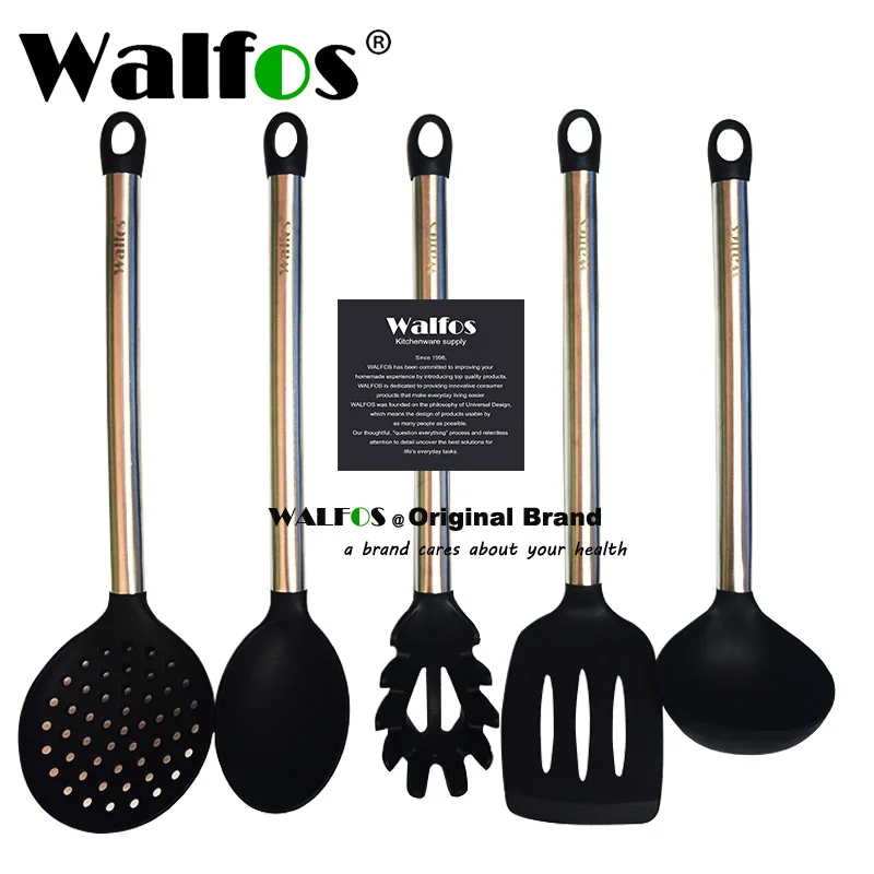 WALFOS Silicone Cooking Spoon Set Non-stick Spatula Strainer Scoop Colander Egg Beater Stainless Steel Handle Kitchen Utensil