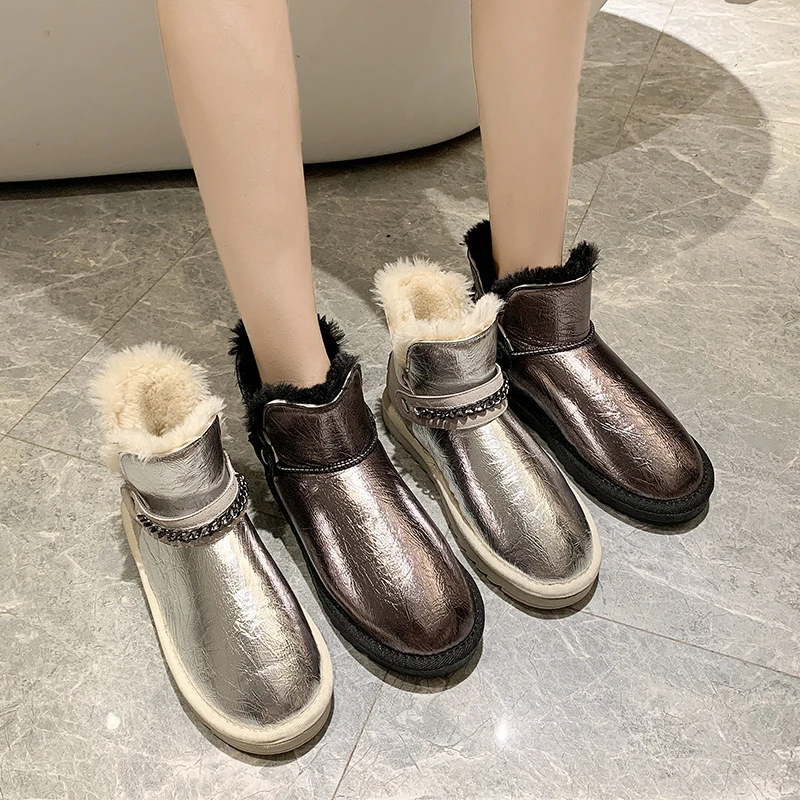 Rimocy fashion winter silver patent leather womens boots high platform thick long plush warm snow boots woemn cotton shoes