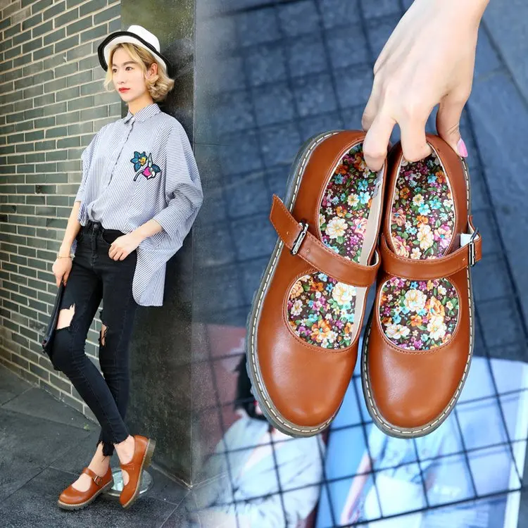 

LIHUAMAO flower print Mary Jane shoes round toe ankle strap platform pumps fashion women shoes work party Ladies cute shoes