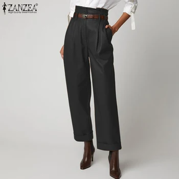 

2020 Plus Size ZANZEA Solid Wide Leg Pants Women High Waist Elegant OL Work PU Leather Trousers Long Pantalons Female Streetwear