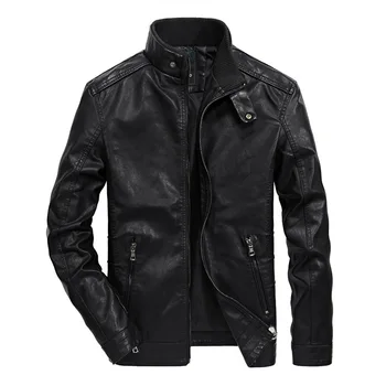 

Fashion Solid Men Faux Leather Jacket Slim Pockets Winter Jacket Stand Zippers Motorcycle PU Leather Coat