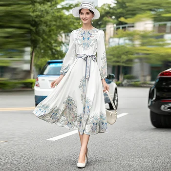 

Long Dress High Quality Autumn New Style Women'S Long Sleeve Printing Zipper Vintage Elegant Chic Casual Party Dresses