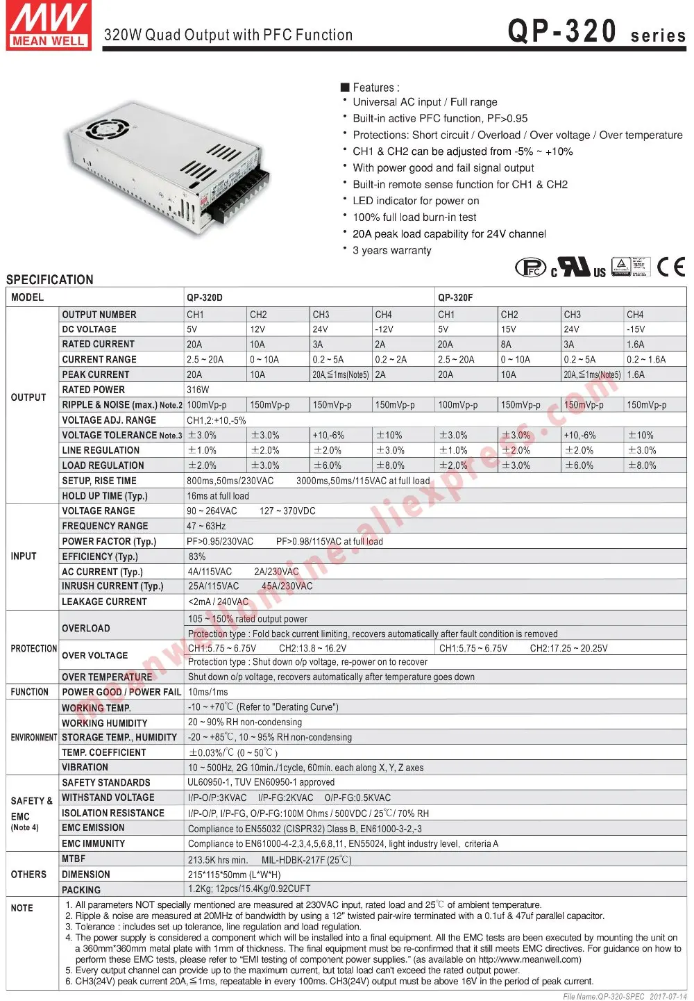 Бренд Mean Well представляет QP-320D meanwell 5 V/12 V/24 V/работающего на постоянном токе 12 В в 316 Вт на четыре выхода с PFC Функция Питание Интернет-магазин