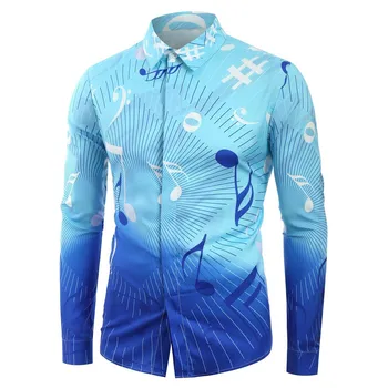 

Oeak Summer Shirt Long Sleeve Blue Print Shirts Tops Camisa Masculina Hawaiian Gradient Music Slim Blouse Tops For Youngers