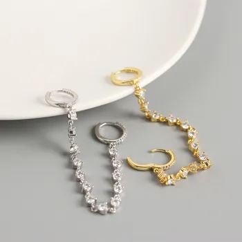

ONLY 1PC 100% Authentic 925 Sterling silver zircon 2pierced Siamese ears chain ear bone ear Hoop Huggie Earrings jEWELRY tle995