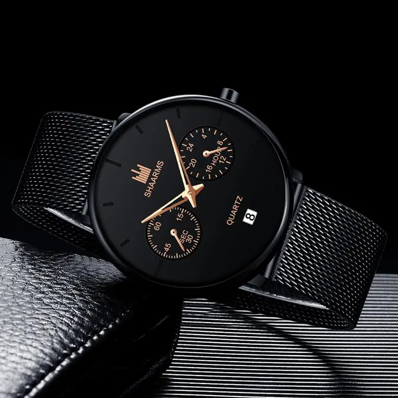 

SHAARMS Fashion Luxury Men Watch Mesh Band Stainless Steel Quartz Wristwatch Male Man Date Business Watches Relogio Masculino