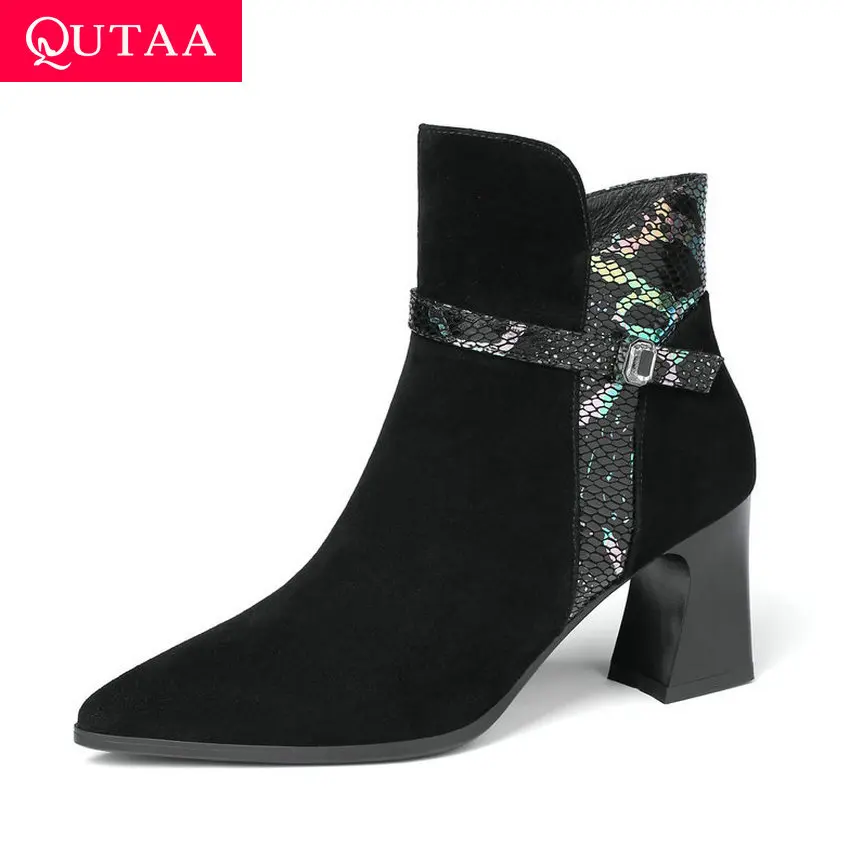 

QUTAA 2020 Mixed Color Kid Suede Fashion Pointed Toe Autumn Winter Ankle Boots Square High Heel All Match Women Shoes Size 34-42