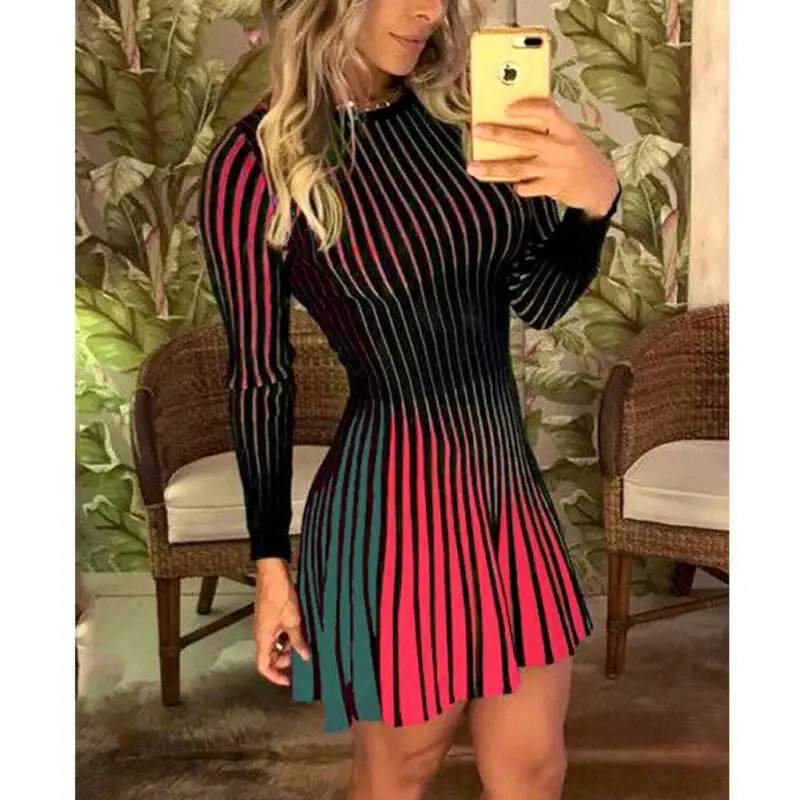 

New Women Formal Striped Winter Long Sleeve Party Evening Cocktail Club Short Mini Casual A-Line Dress