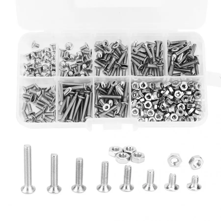 340pcs M3 Hex Socket Flat Head Stainless Steel SS304 Screw Bolt Nut Assortment Set