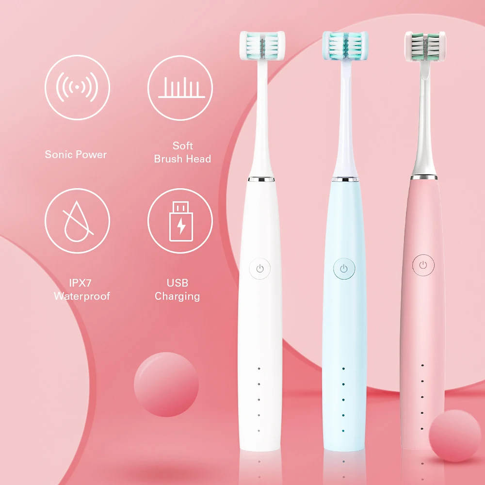 3D Side Sonic Electric Toothbrush USB Rechargeable Replacement Brush Heads 4 Modes Smart Waterproof 2 Minute Timer 30S Remind