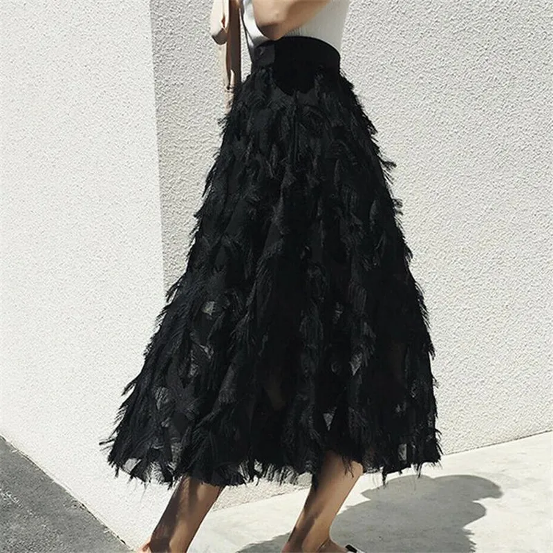 Новинка; женские длинные юбки; модная юбка-пачка с перьями и кисточками; Свободные повседневные Макси-юбки; Женские однотонные Макси-юбки принцессы для девочек