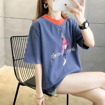 

2020 Summer New Women T Shirt Patchwork Fashion Cartoon Letter Print Tshirts for Lady Young Girl Top Tee 2 Colors Plus Size