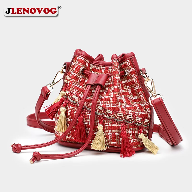 

Luxury Brand Handbag Women's Bag Quilted tweed Busket bag Fashion Lady Bohemia Tassel Bags Female Drawstring Crossbody Bag Purse