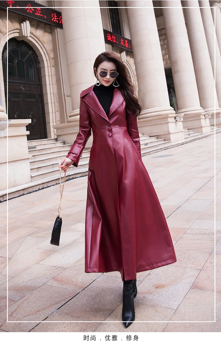 Nerazzurri Maxi fit and flare leather trench coat for women 2021 spring Long luxury designer clothing women long sleeve lapel down parka women