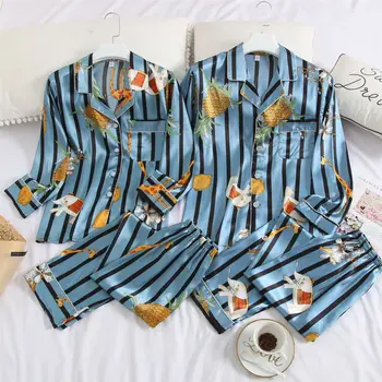 

2020 Women And Man Long-Sleeved Couple Ice Silk Cartoon Print Two-Piece Suit Pajama Sleepwear Nightdress