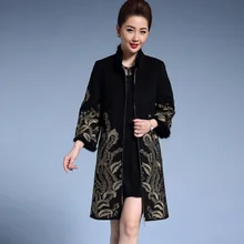 Новинка, женское шерстяные пальто, женское этническое пальто с вышивкой, теплое длинное зимнее пальто с теплой подкладкой и стоячим воротником, 3XL 4XL DA301