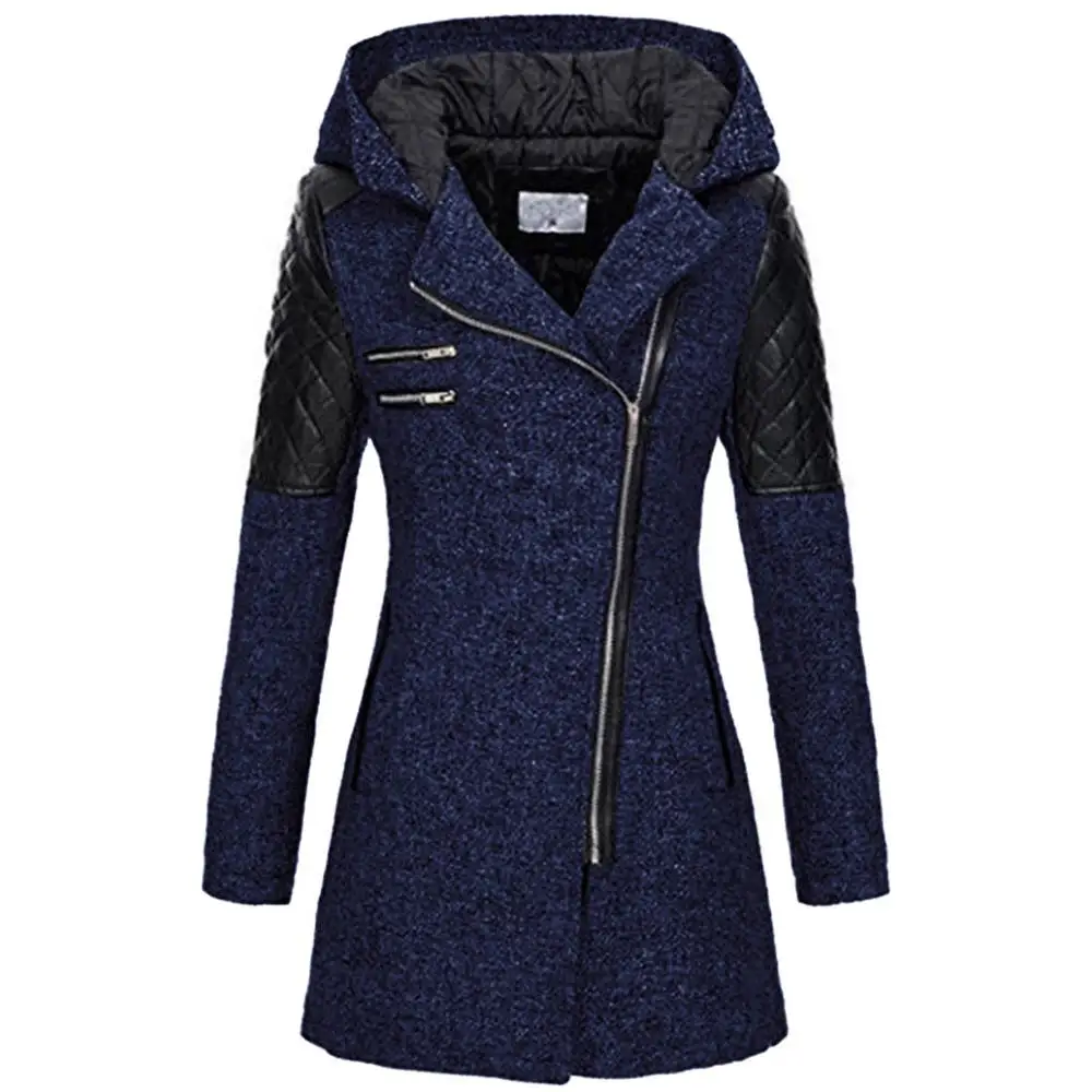 Шерстяное пальто размера плюс, женское зимнее теплое плотное тонкое длинное пальто, куртка на молнии в стиле пэчворк, женское длинное пальто с капюшоном, пальто - Цвет: Navy