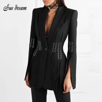 

2019 Autumn New Women'S Catwalk Show Personality Eyelet Wearing Rope Tie Split V-Neck Long-Sleeved Button Slim Black Suit Coat