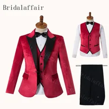 Bridalaffair блестящий черный нагрудный Красный Бархатный смокинг для мужчин Свадебный вечерний костюм костюмы жениха уникальная отделка Ves(пиджак+ брюки+ жилет