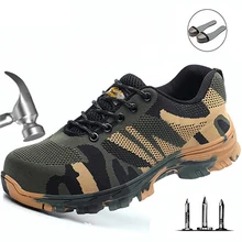 Мужские рабочие ботинки; безопасная модная камуфляжная Весенняя сетчатая дышащая Рабочая безопасная обувь со стальным носком; мужская повседневная обувь; размеры 36-46