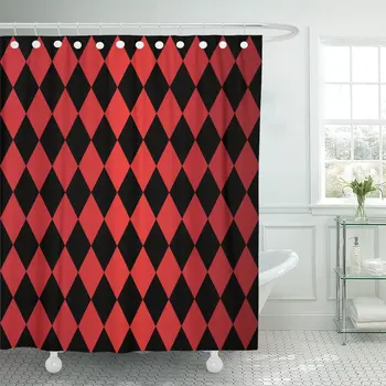 

Harlequin Suit Red and Black Festive Diamonds Gradient Pattern Shower Curtain Waterproof Polyester Fabric 72 x 72 Inches Set