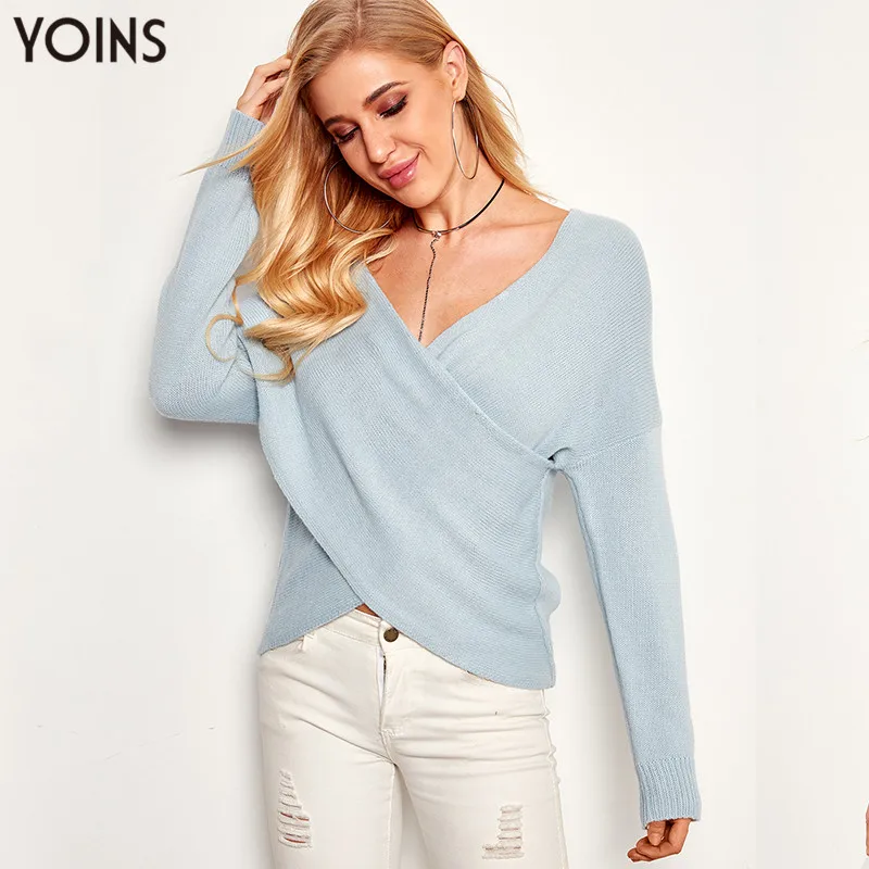 YOINS 2020 Autumn Winter Spring Sweater Women V Neck Crossed Front Long Sleeve Knitted Jumpers Vintage Pull Femme Pullover S-XL | Женская