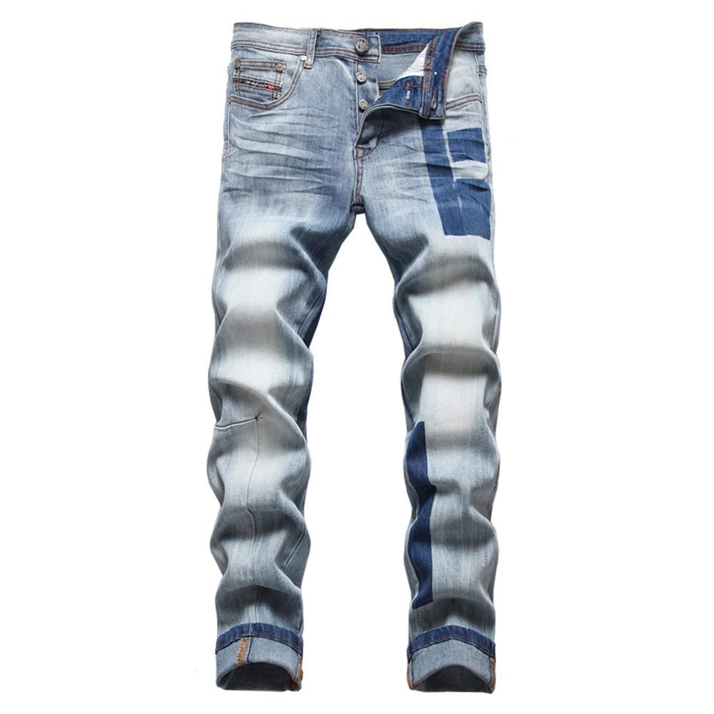 Men's Patchwork Stretch Jeans Streetwear Cotton Denim Slim Straight