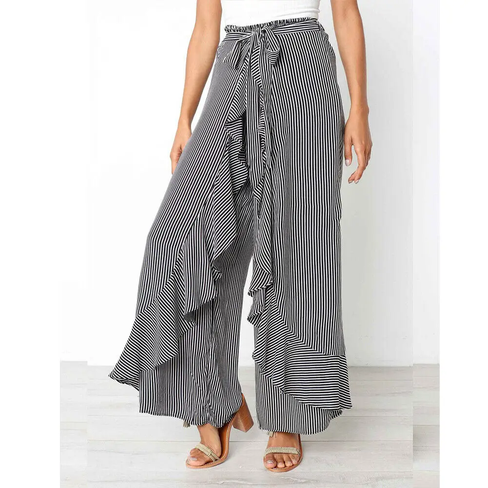 

New Women Striped Baggy Harem Pants Hippie Wide Leg Gypsy Boho Long Palazzo Bow Tie High Wais Ruffle Loose Trouser