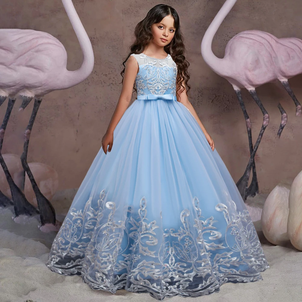 Puffy Tulle Lace Flower Girl Dress Christmas Costume Bride Bow Gown Princess Dress for Girls Wedding Party First Communion