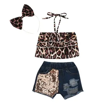 

DishyKooker Girls Children Kids Three-piece Suits of Leopard Print Top+Sequins Jeans Shorts+Hair Clasp Casual Clothing